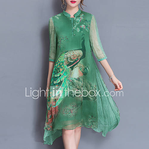 Image de Ample Mousseline de Soie Robe Femme Sortie Grandes Tailles Chinoiserie,ImprimÃ© Mao Mi-long Demi Manches Soie Polyester Printemps EtÃ©