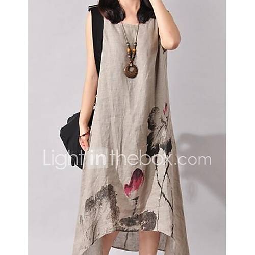 Image de Ample Robe Femme Sortie Plage Vacances Chinoiserie,ImprimÃ© Col Arrondi AsymÃ©trique Sans Manches Coton Lin Printemps EtÃ© Taille Normale