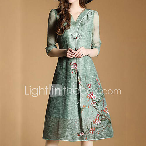 Image de Ample Robe Femme Sortie simple,Fleur Col en V Mi-long Â½ Manches Rayonne EtÃ© Taille Normale Non Elastique Moyen