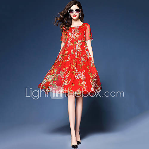 Image de Ample Mousseline de Soie Robe Femme Sortie Plage BohÃ¨me Chic de Rue,ImprimÃ© MosaÃ¯que Col Arrondi Mi-long Manches Courtes Soie EtÃ©Taille