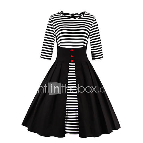 Image de BalanÃ§oire Robe Femme Sortie SoirÃ©e / Cocktail Vintage,RayÃ© Col Arrondi Mi-long Â½ Manches Coton Polyester Toutes les SaisonsTaille