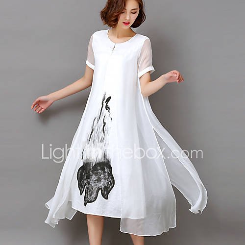 Image de BalanÃ§oire Robe Femme SoirÃ©e Sortie Grandes Tailles Vintage SophistiquÃ©,ImprimÃ© Col Arrondi Midi Manches Courtes RayonneToutes les