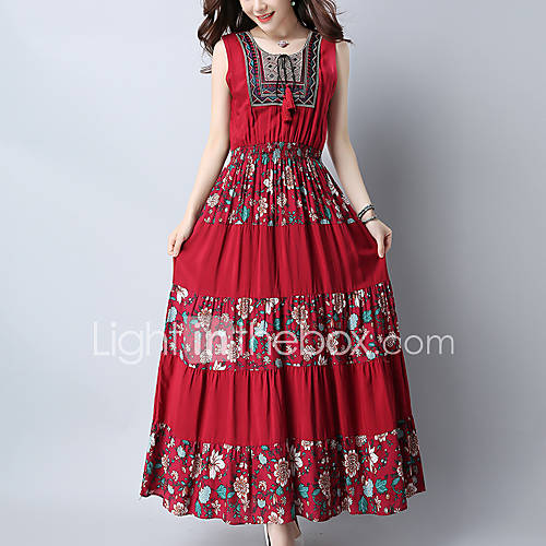 Image de Ample BalanÃ§oire Robe Femme Sortie Plage BohÃ¨me Chic de Rue Chinoiserie,ImprimÃ© MosaÃ¯que Broderie Col Arrondi Maxi Sans Manches Coton Lin