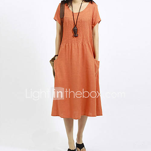 Image de Ample Robe Femme Sortie DÃ©contractÃ© / Quotidien simple BohÃ¨me,Couleur Pleine Col Arrondi Midi Manches Courtes Lin EtÃ© Taille Normale