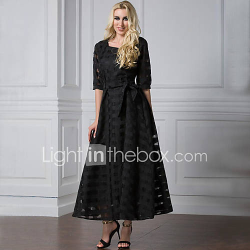 Image de Ample Robe Femme SophistiquÃ©,Couleur Pleine Col Arrondi Maxi Â½ Manches Polyester Organza EtÃ© Taille Haute Micro-Ã©lastique Moyen