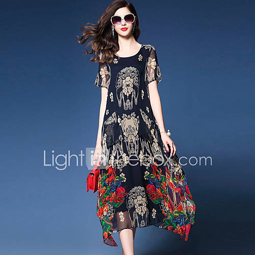 Image de Ample Mousseline de Soie BalanÃ§oire Robe Femme Sortie DÃ©contractÃ© / Quotidien Grandes Tailles simple Chinoiserie SophistiquÃ©,Fleur Col