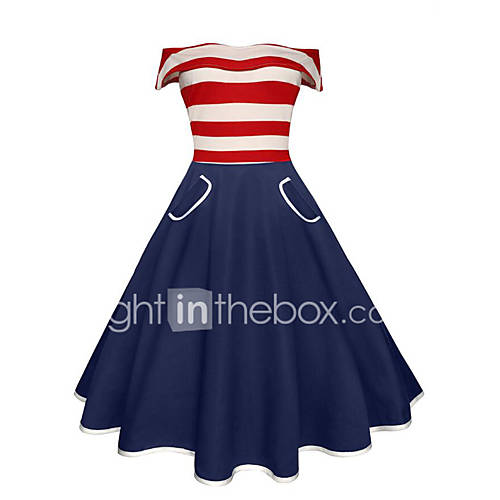 Image de BalanÃ§oire Robe Femme SoirÃ©e Sortie Vintage,RayÃ© Bateau Au dessus du genou Sans Manches Coton EtÃ© Taille Haute Micro-Ã©lastique Moyen