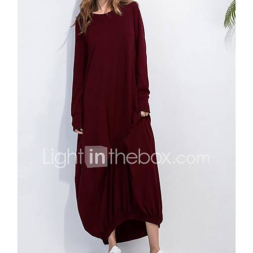 Image de Ample Robe Femme DÃ©contractÃ© / Quotidien simple,Couleur Pleine Col Arrondi Maxi Manches Longues Coton EtÃ© Taille Normale Non Elastique Fin