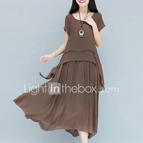 Image de BalanÃ§oire Robe Femme SoirÃ©e Travail Vintage SophistiquÃ©,Couleur Pleine Col Arrondi Midi Manches Courtes Coton Rayonne Toutes les Saisons