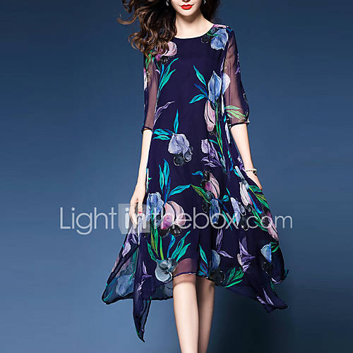 Image de BalanÃ§oire Robe Femme Sortie Travail Grandes Tailles simple SophistiquÃ©,ImprimÃ© Col Arrondi Midi Mi-long Rayonne Polyester Toutes les