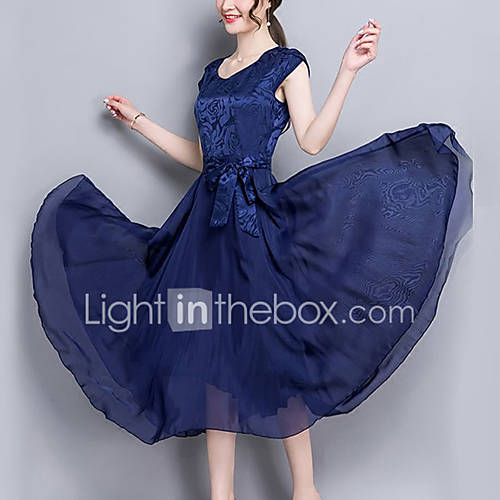 Image de BalanÃ§oire Robe Femme Sortie SoirÃ©e / Cocktail Grandes Tailles Vintage SophistiquÃ©,Couleur Pleine Col Arrondi Midi Manches CourtesRayonne