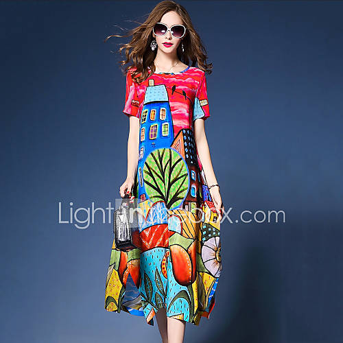 Image de Ample BalanÃ§oire Robe Femme Sortie Chic de Rue Chinoiserie,ImprimÃ© Col Arrondi Midi Manches Courtes Soie Polyester EtÃ© Taille NormaleNon
