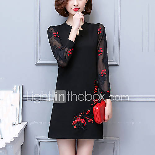 Image de Ample Robe Femme SoirÃ©e Sortie Grandes Tailles Vintage Chinoiserie,MosaÃ¯que Broderie Col en V Au dessus du genou Manches LonguesCoton