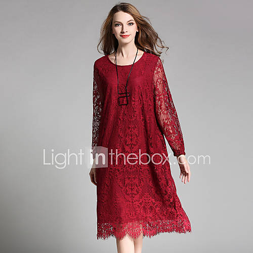 Image de Ample Dentelle Robe Femme SoirÃ©e Sortie DÃ©contractÃ© / Quotidien Sexy,Dentelle Col Arrondi Midi Manches Longues Dentelle Printemps Automne