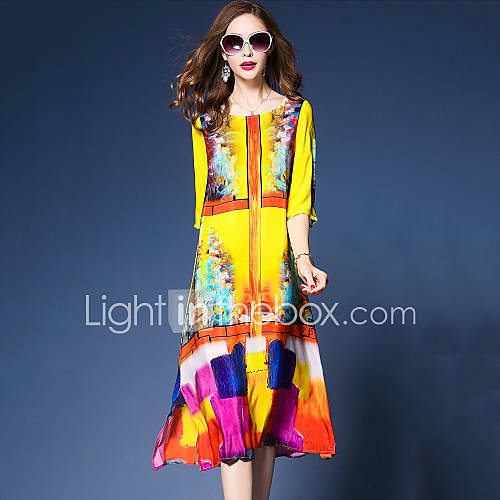Image de Ample Robe Femme Sortie simple Chinoiserie,ImprimÃ© Col Arrondi Midi Manches 3/4 Soie Polyester Printemps EtÃ© Taille Normale Non Elastique
