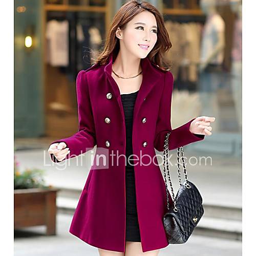 Image de Caban Femme,Couleur Pleine DÃ©contractÃ© / Quotidien RÃ©tro DÃ©contractÃ© Automne Hiver Manches longues Revers CrantÃ© Longue Polyester