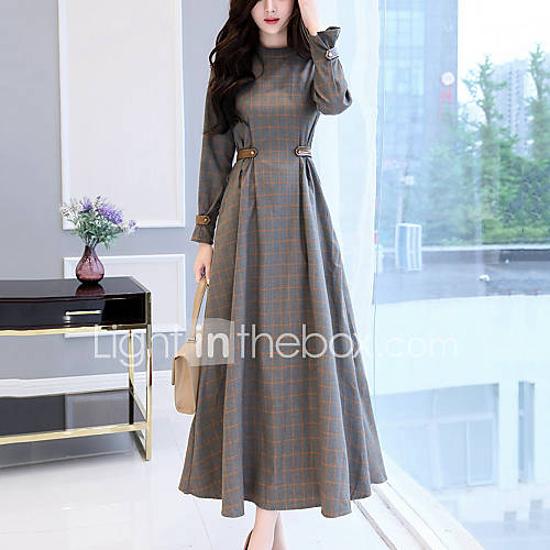 Image de BalanÃ§oire Robe Femme SoirÃ©e Sortie simple,Damier MosaÃ¯que Mao Maxi Manches Longues Coton Polyester Automne Hiver Taille Haute