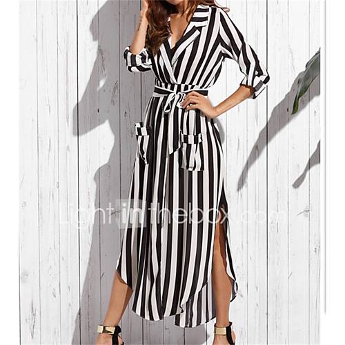 Image de Ample Robe Femme SoirÃ©e DÃ©contractÃ© / Quotidien Sexy,RayÃ© Col en V Maxi Manches Longues Coton EtÃ© Automne Taille Normale Non Elastique Fin