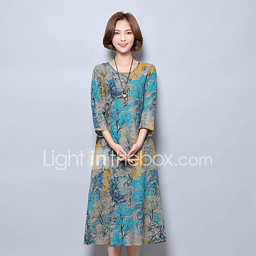 Image de Ample Robe Femme DÃ©contractÃ© / Quotidien ImprimÃ© Col Arrondi Midi Manches 3/4 Polyester EtÃ© Taille Normale Non Elastique Fin