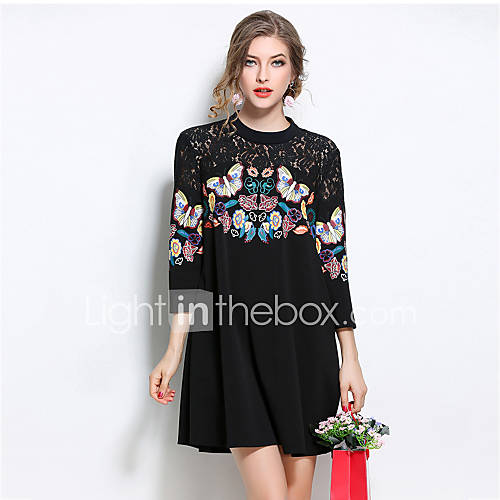 Image de Ample Robe Femme Sortie Grandes Tailles Chic de Rue,ImprimÃ© MosaÃ¯que Col Arrondi Mini Manches 3/4 Polyester Automne Taille Normale