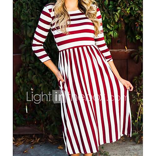 Image de BalanÃ§oire Robe Femme Sortie DÃ©contractÃ© / Quotidien Chic de Rue,RayÃ© Col Arrondi Maxi Manches 3/4 Coton Automne Taille Normale Non