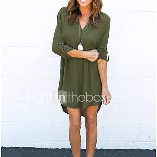 Image de Ample Robe Femme DÃ©contractÃ© / Quotidien Couleur Pleine Col en V Midi Mi-long Manches 3/4 Coton EtÃ© Taille Normale Micro-Ã©lastique Fin