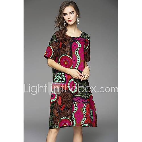 Image de Ample Robe Femme Grandes Tailles Chinoiserie,GÃ©omÃ©trique Col Arrondi Mi-long Manches Courtes Lin EtÃ© Taille Normale Non Elastique Fin