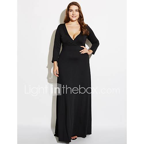 Image de Ample Gaine Robe Femme SoirÃ©e Grandes Tailles simple,Couleur Pleine V Profond Maxi Manches 3/4 Polyester Toutes les Saisons Taille Haute