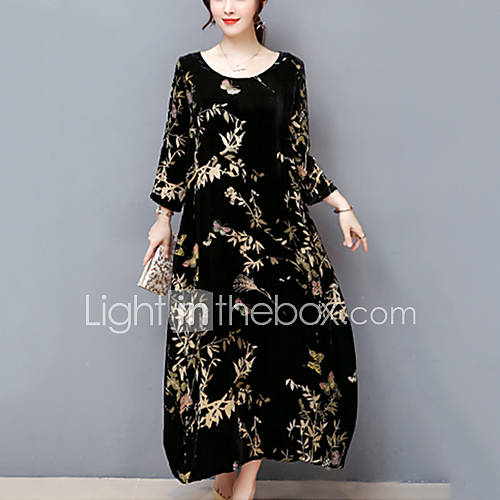 Image de Ample Robe Femme Sortie Grandes Tailles Chic de Rue,ImprimÃ© Col Arrondi Midi Manches 3/4 Polyester Automne Taille Normale Micro-Ã©lastique