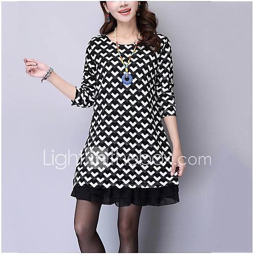 Image de Ample Robe Femme Sortie Grandes Tailles Chic de Rue,Damier Col Arrondi Au dessus du genou Manches Longues Polyester Automne Taille Normale
