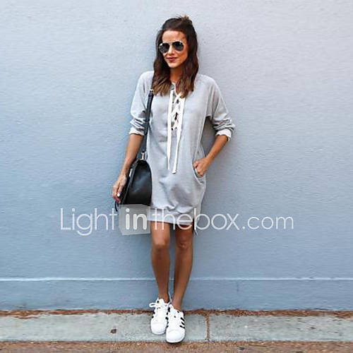 Image de Ample Robe Femme DÃ©contractÃ© / Quotidien Chic de Rue,Couleur Pleine Col en V Au dessus du genou Manches Longues Coton Printemps EtÃ©