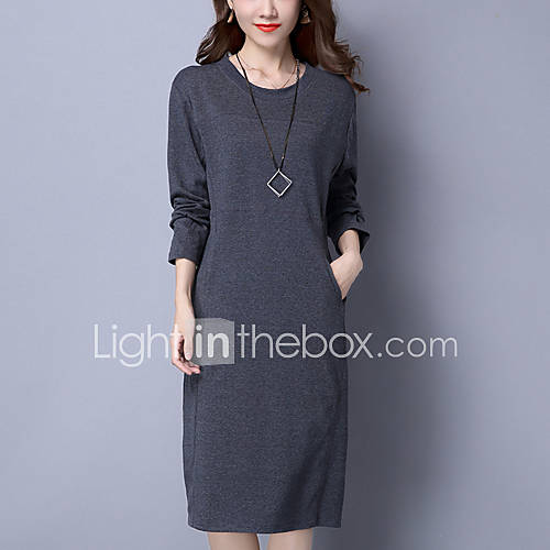 Image de Ample Robe Femme DÃ©contractÃ© / Quotidien Grandes Tailles Chic de Rue,Couleur Pleine Col Arrondi Midi Manches Longues Coton Automne Hiver