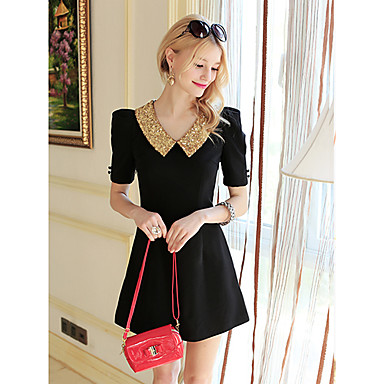 Women's Formal Vintage Dress,Solid Mini Short Sleeve Black Polyester ...
