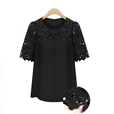 Women's Solid/Lace White/Black/Yellow T-shirt , Casual/Lace Round Neck ...