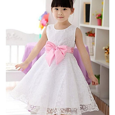 Girl's White Flower Print Organza Big Swing Bow Tie Wedding Pageant ...