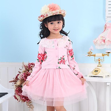 Girl's Pink / White Dress / Clothing Set,Floral Cotton Blend Winter ...
