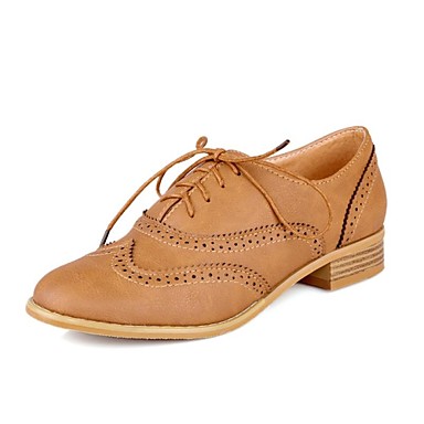 Women's Shoes Leather Chunky Heel Round Toe Oxfords with Lace-up Casual ...