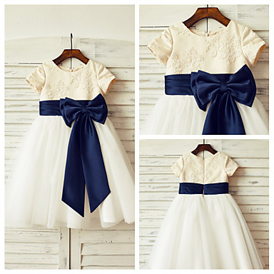 A-line Knee-length Flower Girl Dress - Lace / Satin / Tulle Short ...