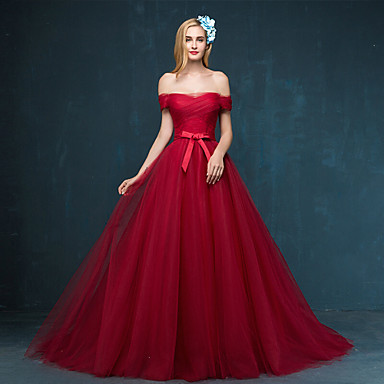 Formal Evening Dress A-line Off-the-shoulder Sweep / Brush Train Tulle ...