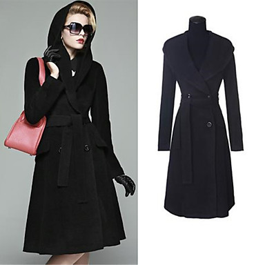 Women's Solid Black Coat , Casual Long Sleeve Wool / Cotton / Fleece ...