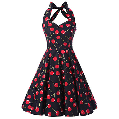 Women's Black Cherry Print Floral Dress , Vintage Halter 50s Rockabilly ...