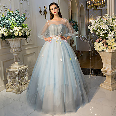 Ball Gown Princess Illusion Neckline Floor Length Tulle Formal Evening ...
