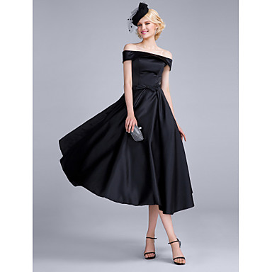 A-Line Off-the-shoulder Tea Length Polyester Satin Chiffon Cocktail ...
