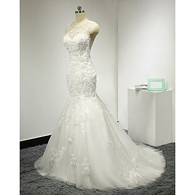 Mermaid / Trumpet Scoop Sweep / Brush Train Tulle Wedding Dress with ...