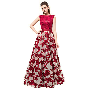 A-Line Bateau Neck Floor Length Lace Prom Formal Evening Dress with ...