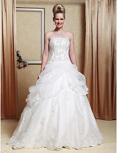A-Line Princess Strapless Floor Length Organza Satin Wedding Dress with ...