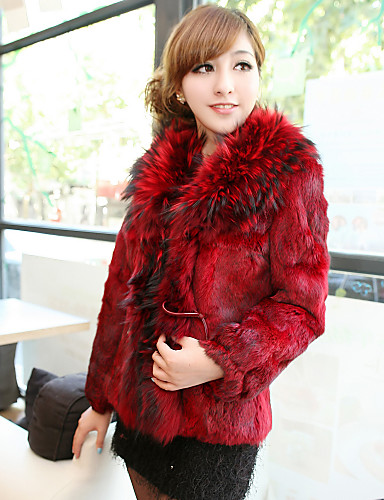 Long Sleeve Fox Fur Collar Office/Party Rabbit Fur Coat (More Colors ...