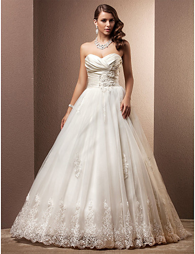 A-Line Princess Sweetheart Court Train Satin Tulle Wedding Dress with ...