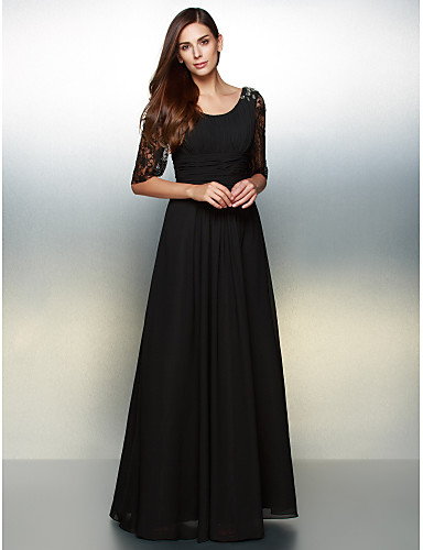 A-Line Scoop Neck Floor Length Chiffon Lace Formal Evening Dress with ...