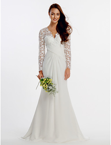 Sheath / Column V-neck Sweep / Brush Train Chiffon Lace Wedding Dress ...